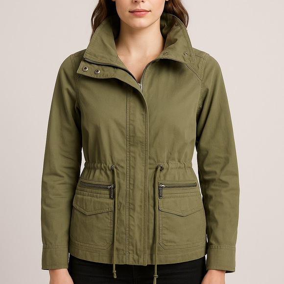 Tommy Hilfiger Olive Green Utility Jacket — Drawstring Waist, Front Zips & Snaps - Picture 8 of 9